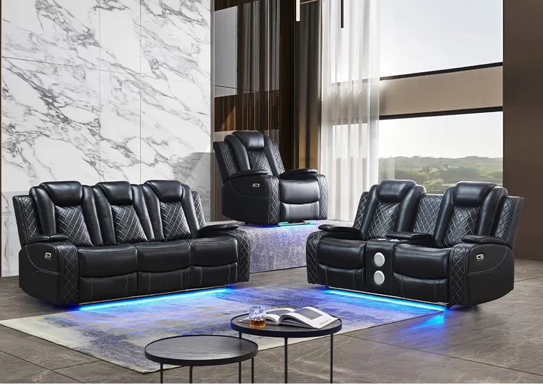 Power Reclining Sofa Couch with Wireless Charger/ 3 Seater Recliner/Reading Light Leather/ Bluetooth Speaker/ Theater Seating LED
