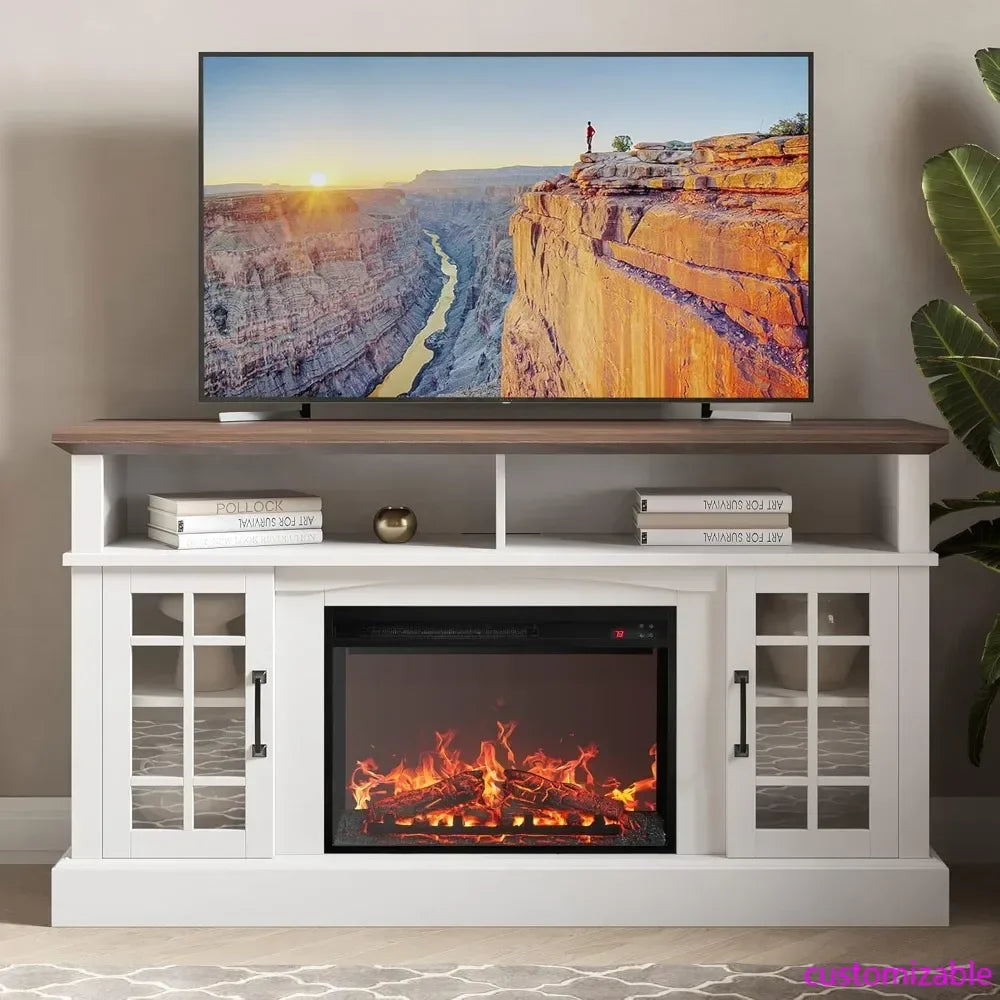 Traditional 58" Rustic TV Stand with 23" Electric Fireplace Heater with Sound, Media Entertainment Center Console Table for TV