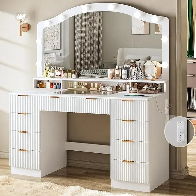 Illuminated Fluted Vanity Desk with Large Mirror, Glass Top, 9 Storage Drawers, and 3-Color Lighting Options
