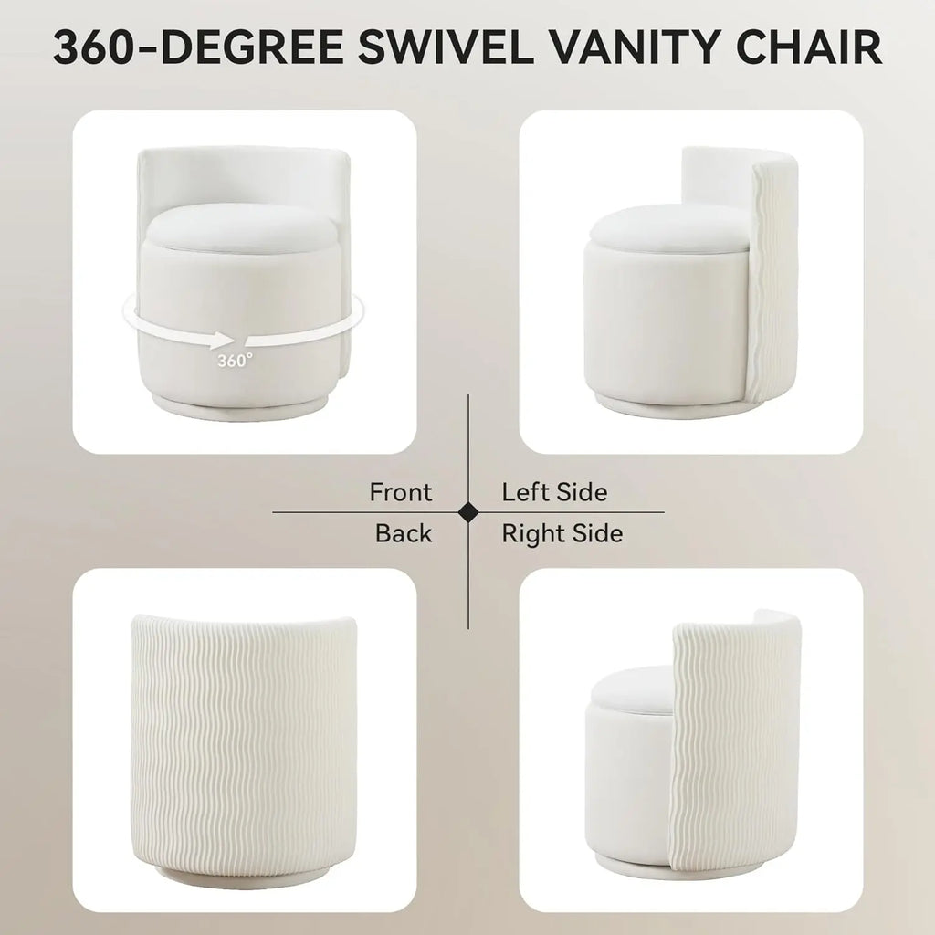 Velvet Vanity Chair with Storage, 360° Swivel Makeup Chair with Wave Back, No Assembly/ Small Accent Stool