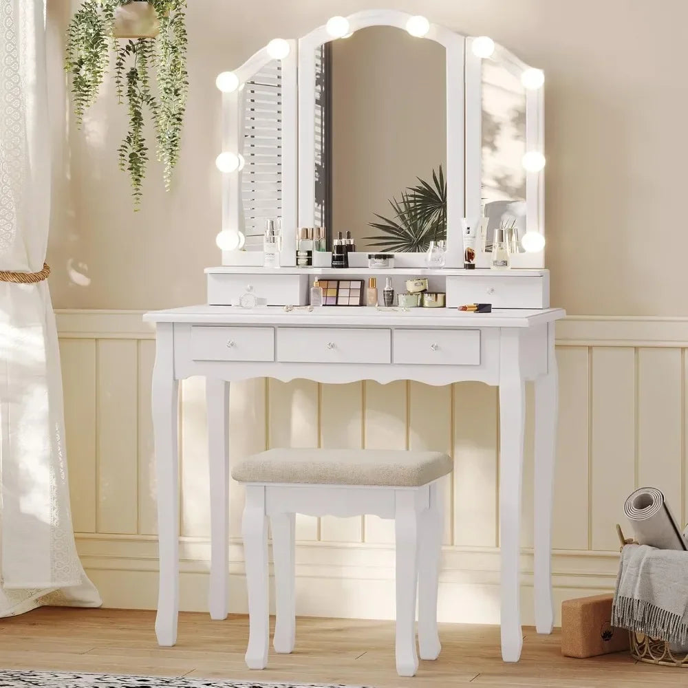 New Vanity Table Set with Lighted Tri-Folding Mirror, Makeup Vanity with Lights & 3 Color Lighting Modes, Vanity Desk/ Mirror