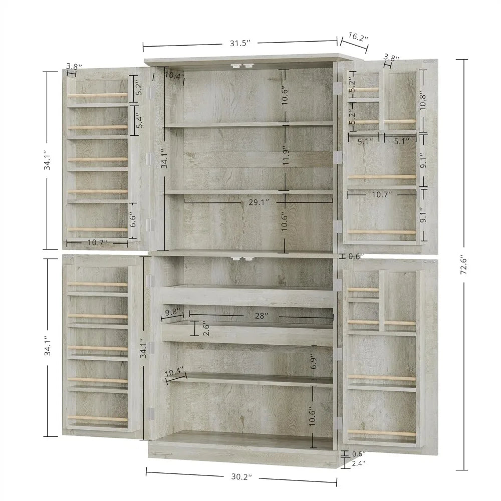 72.8" Rustic Pantry Cabinet with 4 Barn Doors, Adjustable Shelves, Freestanding Storage for Kitchen Living Room