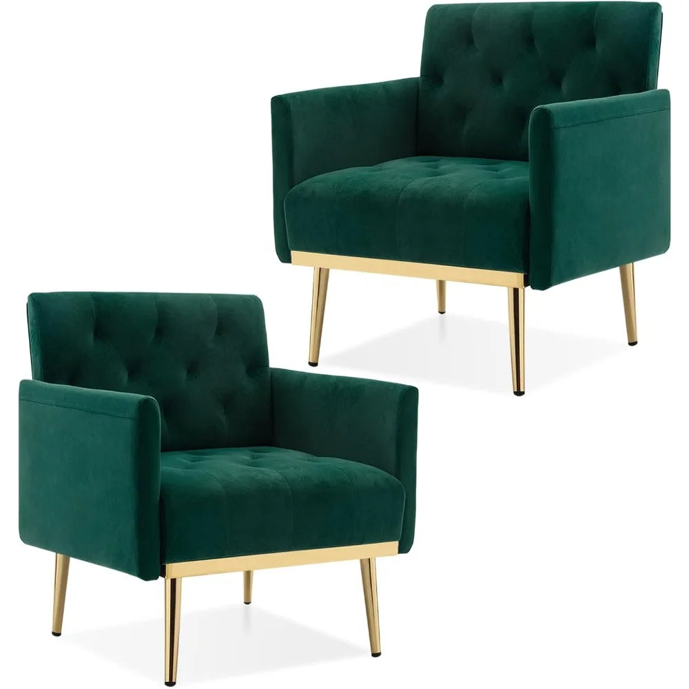 Green Velvet Accent Chairs Set of 2, Comfy Button Tufted Armchair, Upholstered Arm Chairs