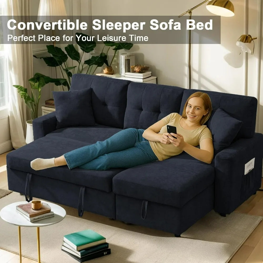 Modern L-Shaped Sofa Bed with Reversible Storage Chaise, Black Convertible Sectional Sofa featuring USB Ports and 3-in-1 Sleeper