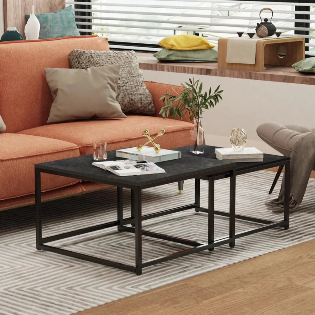 LUVODI Rectangle White Nesting Coffee Table Set Living Room Black Stack-able Accent Tables with Marble Tabletop