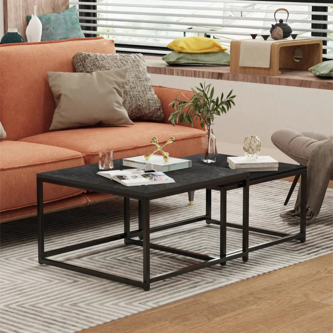 LUVODI Rectangle White Nesting Coffee Table Set Living Room Black Stack-able Accent Tables with Marble Tabletop