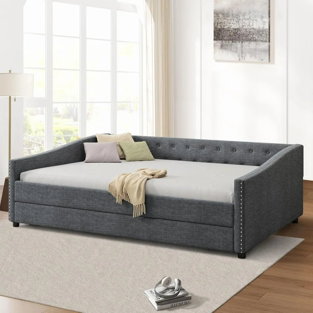 Full-Size Tufted Daybed with Waved Arm Piping and Trundle for Bedroom and Guest Spaces