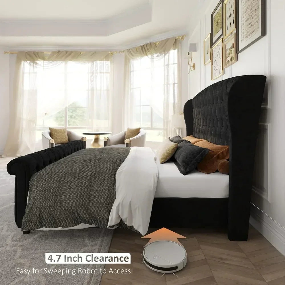 King Size Platform Bed Frame, Velvet Tufted Upholstered Sleigh Bed with Scroll Wingback Headboard & Footboard