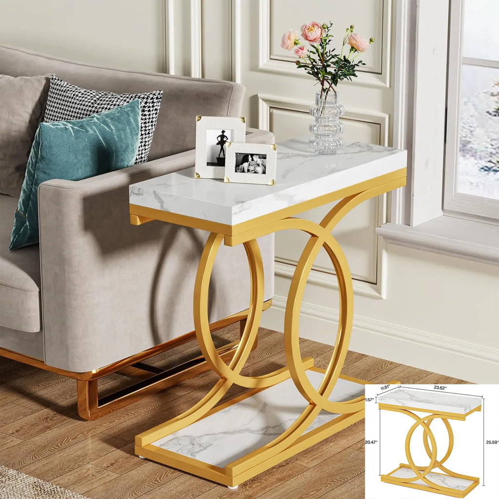 Square End Table White Gold 2-Tier Side Table Modern Small Table with Storage for Couch, Faux Marble White +Gold