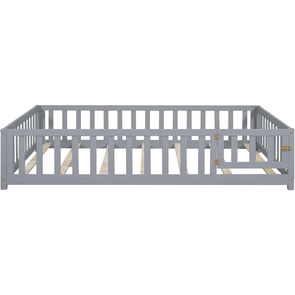 Wooden Full Size Floor Bed Frame with Fence And Door for Kids/ Toddler Bed with Support Slats Girls Boys