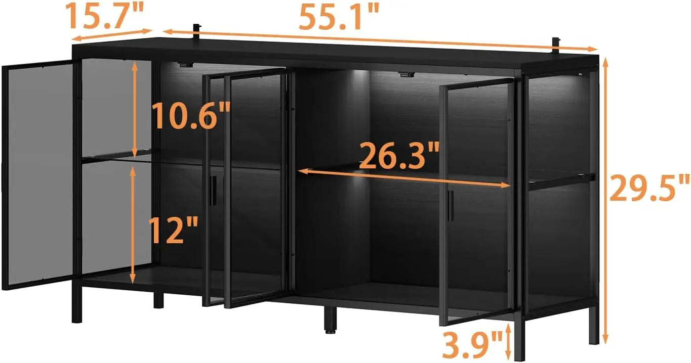 Sideboard Buffet with LED Lights, Glass Doors, Modern Display Cabinet with Glass Shelves, Black Cupboard Credenza