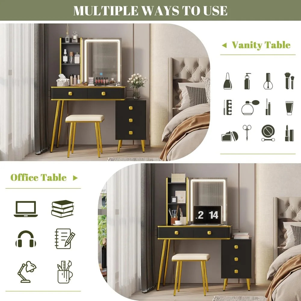 Luminated Makeup Vanity Desk with 3-Color LED Lights, Charging Port, 5 Drawers, and Storage Shelves