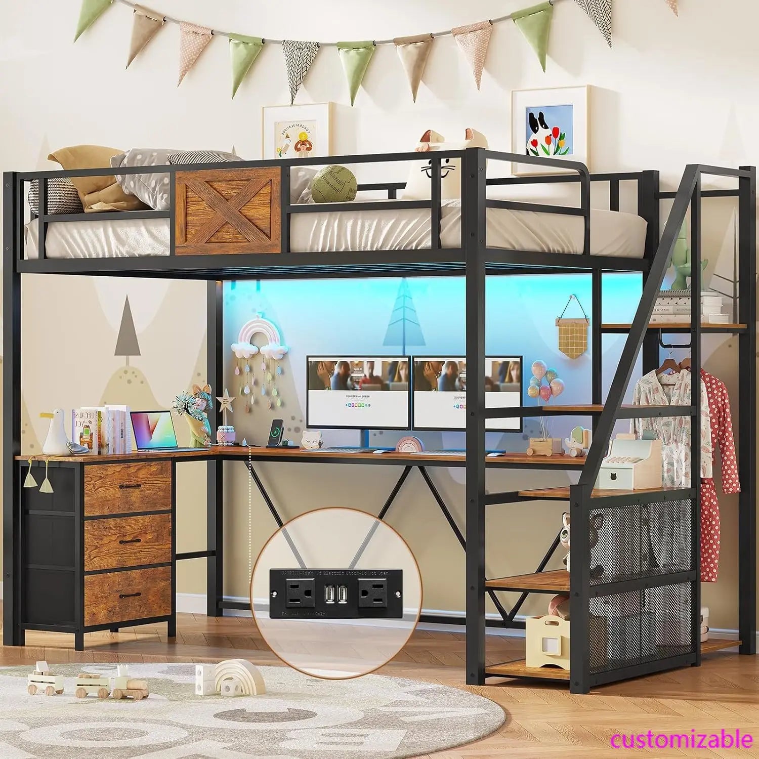 Twin Loft Bed with L-Shaped Desk, Wardrobe & Storage Stairs, LED Lights & Charging Station, Rustic Brown