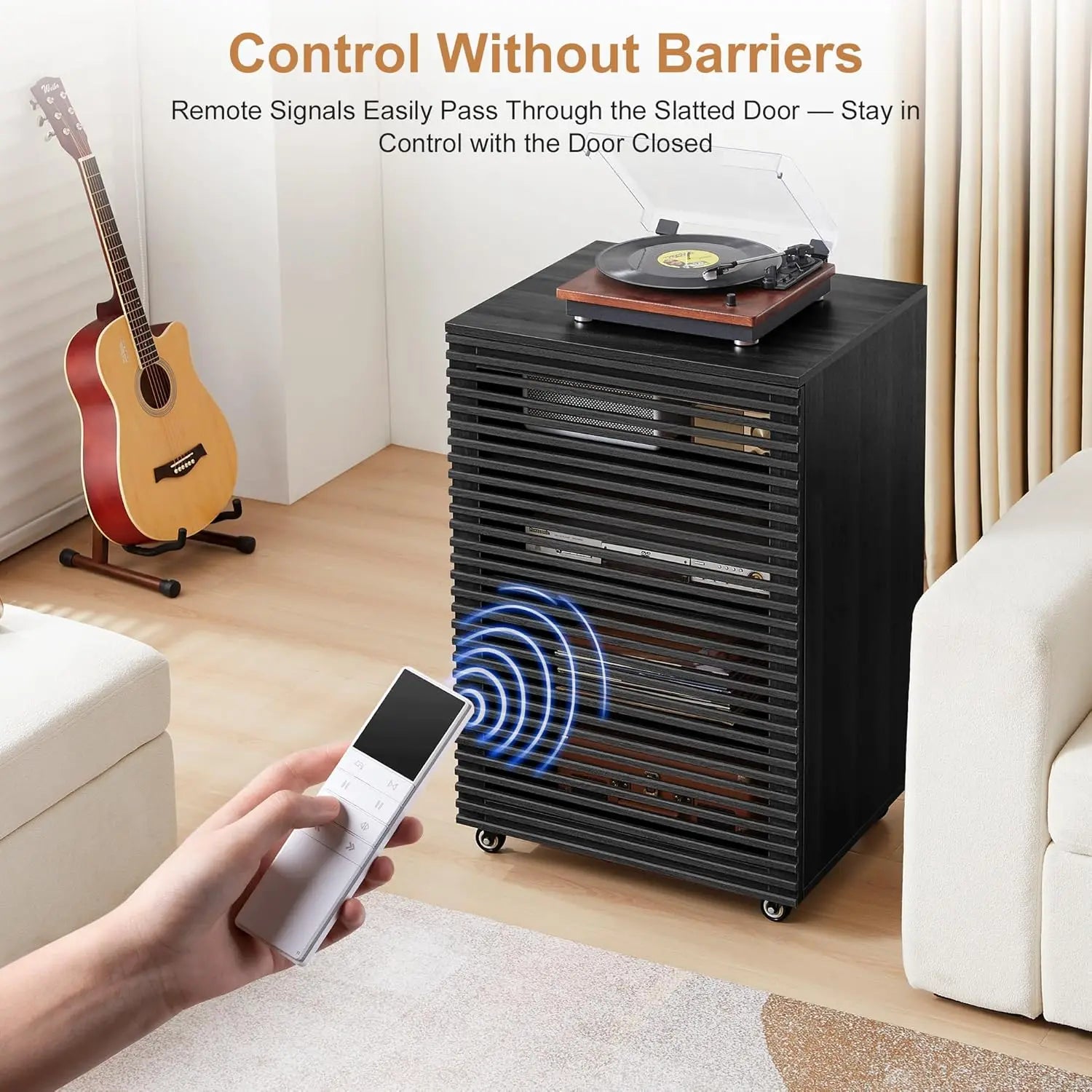 Tier AV Media Cabinet & Adjustable Shelves, Modern Wooden Stereo Rack , Audio Video Stand (Black)