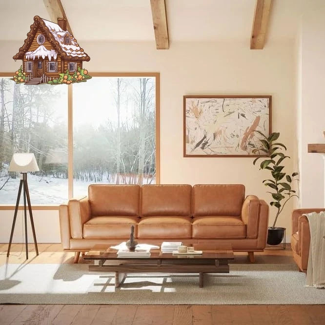 Valencia Artisan Full Leather Sofa 88” - Pure Full Italian Nappa Leather Couch, Solid Wood Accent, Ultimate Comfort, Cognac Tan
