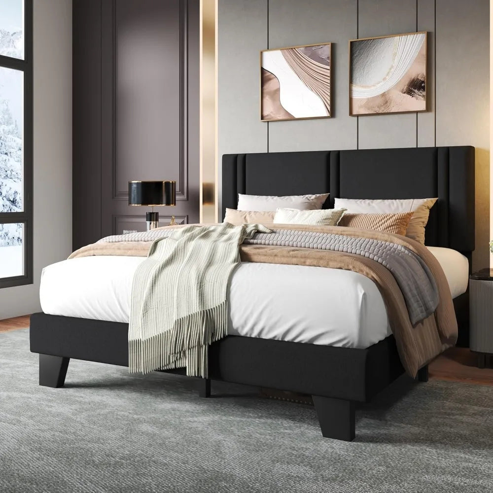 Upholstered Queen Size Bed Frame with Linen Fabric Headboard, Strong Wooden Slats Support, No Box Spring Needed