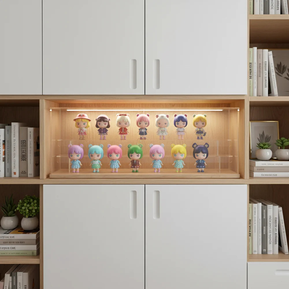 60cm Long Clear Acrylic Blind Box Display Case Solid Wood Base 2/3 Tiers Removable Shelves Dustproof Figurine Action Figure Organizer Showcase Cabinet with Magnetic Front Door for Pop Mart Collectibles Home Decor
