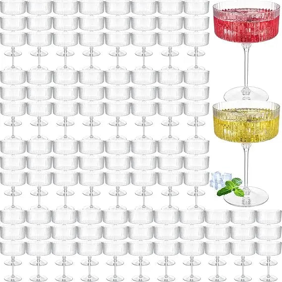 100 Pack Ribbed Martini Glasses - 10 oz Disposable Plastic Vintage-Style Ribbed Coupe Glasses for Cocktails and Desserts