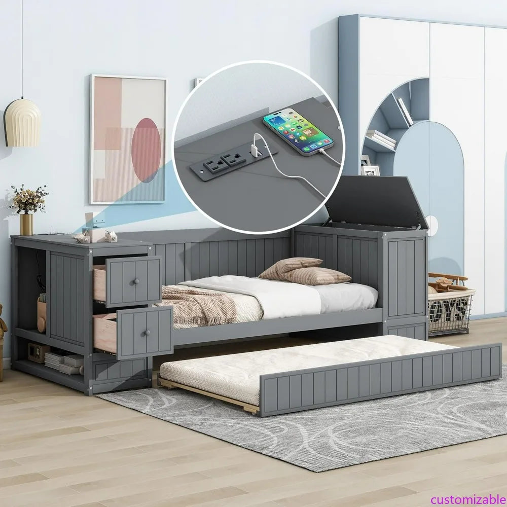 Gray Wood Twin Daybed with Trundle, Storage Arms, and Charging Station for Bedroom
