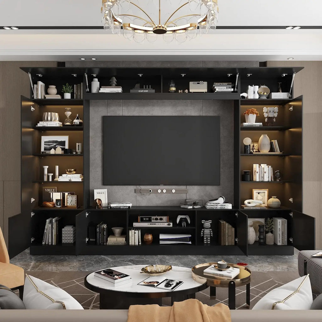 114" Large Wall Unit Entertainment Center with Bookshelves, Lights and 18 Shelves, Modern 4-Piece TV Stand Media Console Table