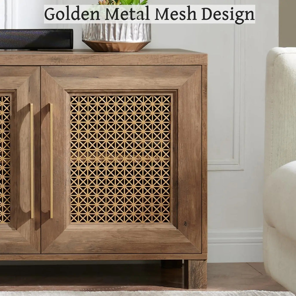 TV Stand for TVs Up to 75", 69.5" Rustic Oak Entertainment Center with 4 Gold Metal Mesh Doors