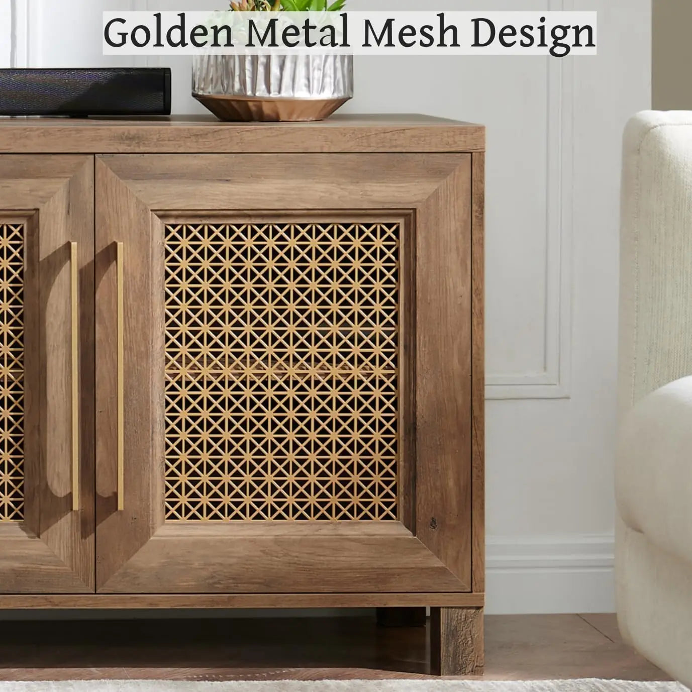 TV Stand for TVs Up to 75", 69.5" Rustic Oak Entertainment Center with 4 Gold Metal Mesh Doors