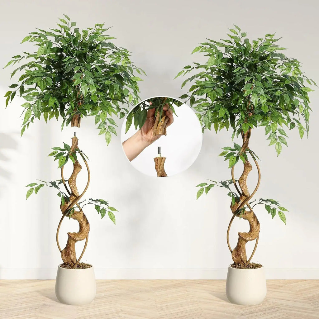 Artificial Ficus Tree 120/150/180cm with White Planter, Large Faux Weeping Fig with Curved Trunk and 1860 Silk Leaves, Lifelike Indoor Plant for Living Room/ Bedroom/ Office Decor, No Maintenance