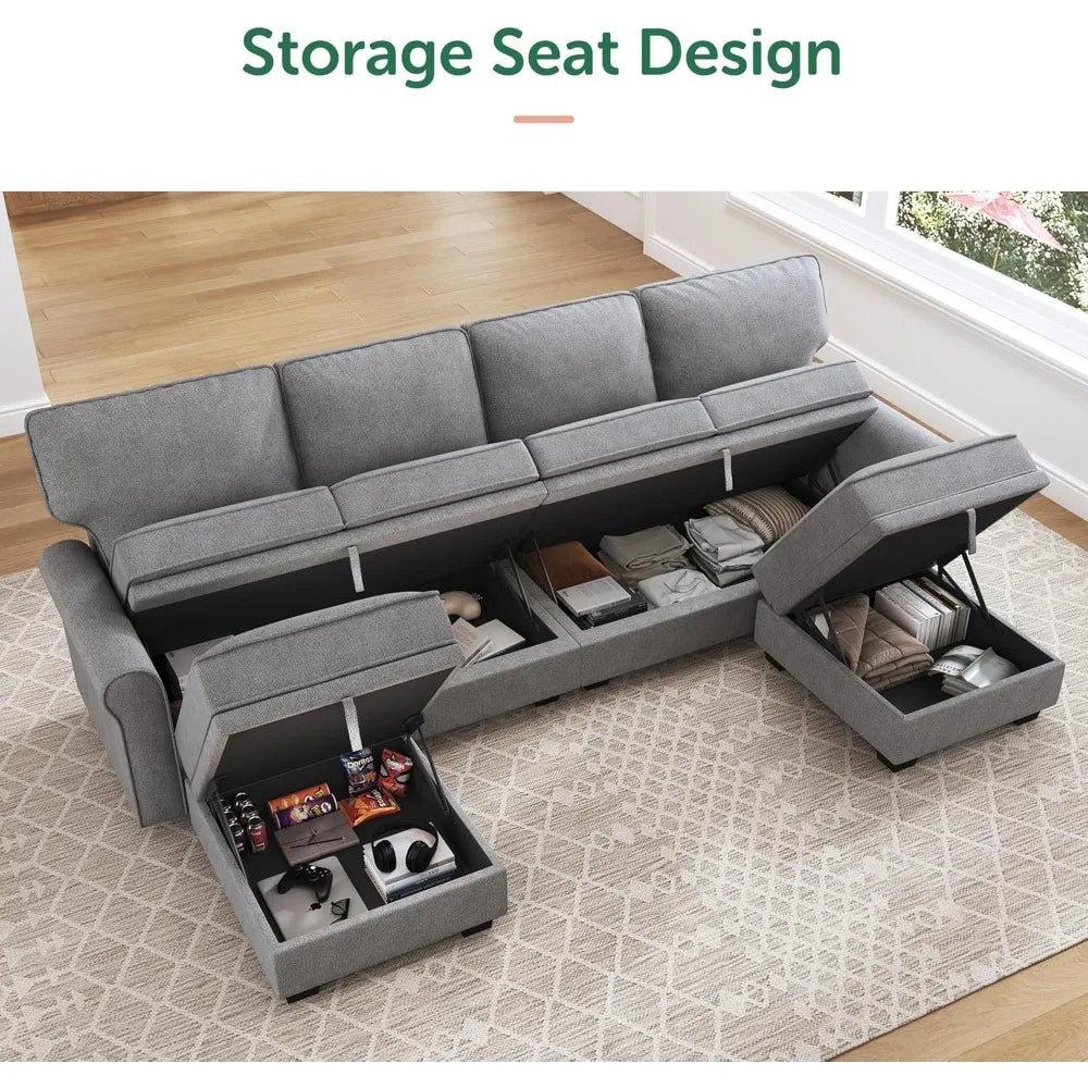 Storage-Enabled Convertible Sectional Sofa with 6 Seats and Reversible Chaise for U-Shaped Living Room Arrangement