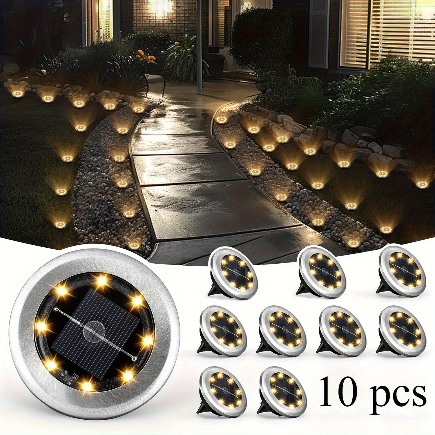 10pcs Solar Ground Light Outdoor Waterproof 8LED Disk Light for Garden Pathway, Yard, Driveway, Landscape Decorative In-ground Lamp