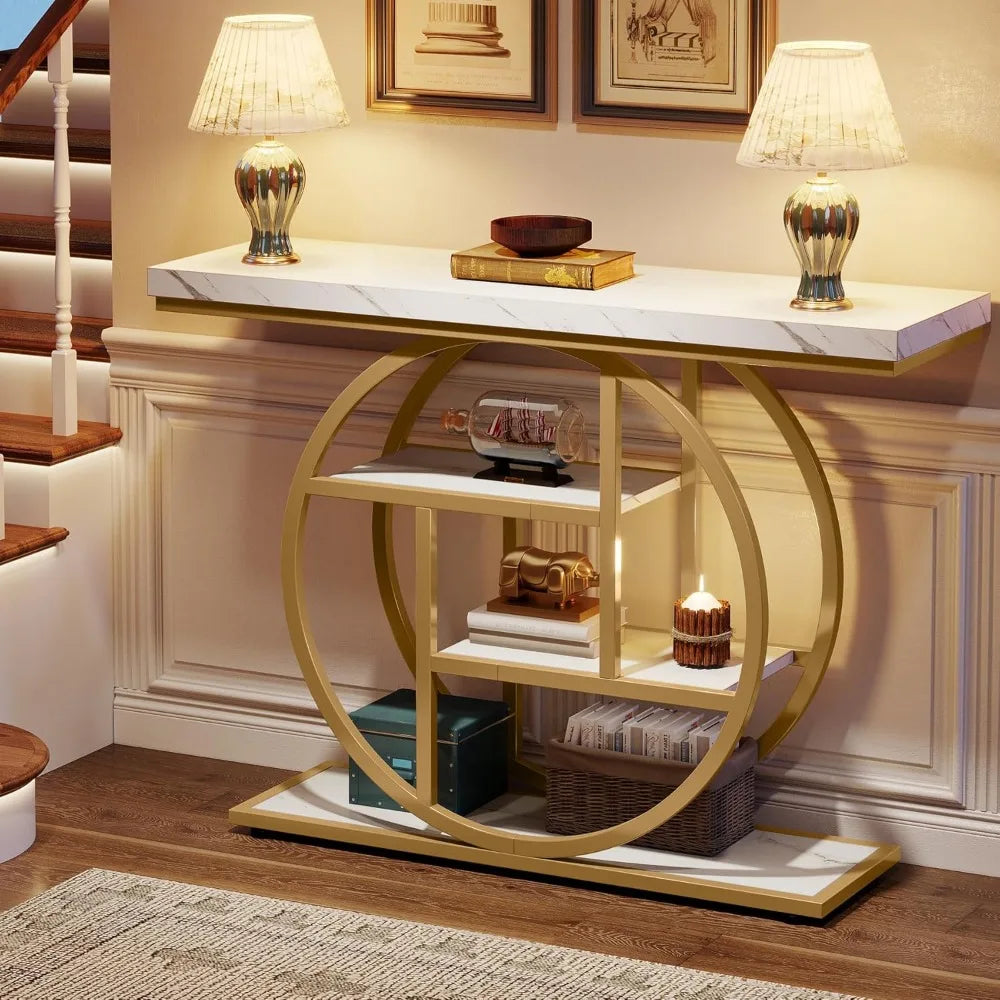 41.3" Console Table, Industrial Style Four Tier Sofa Table Entry Table with Round Base with Storage Shelf