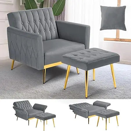 Upholstered Reclining Chair/Ottoman with Adjustable Armrests and Back, Button-Tufted Relaxation Seat