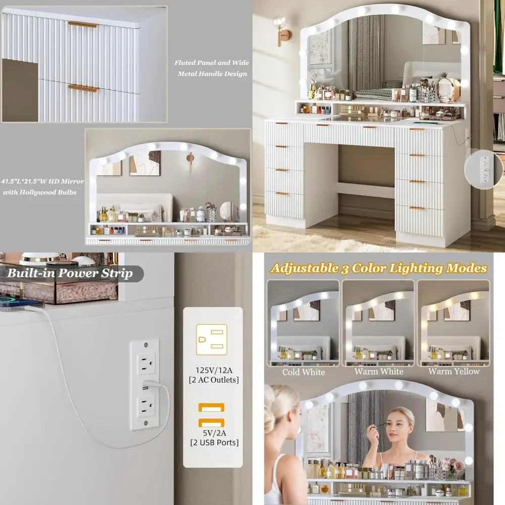 Illuminated Fluted Vanity Desk with Large Mirror, Glass Top, 9 Storage Drawers, and 3-Color Lighting Options