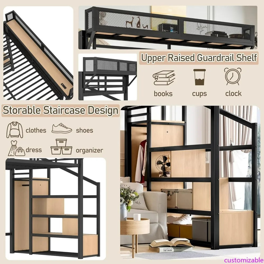 Twin XL Metal Loft Bed Frame with Storage Stairs, Side Shelf, Wardrobe, USB Ports, and LED Light