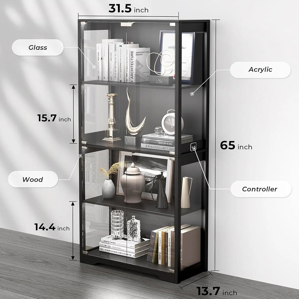 Display Cabinet with Glass Doors, 4-Tier Curio Cabinet with 3 Color Lights for Collectibles, Glass Case, Storage Cabinet, Black