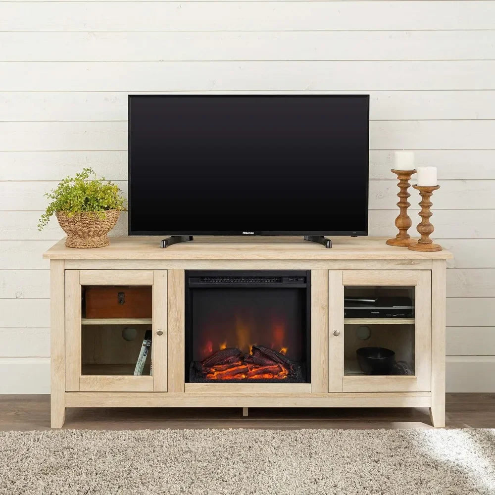Rustic Wood And Glass Fireplace TV Stand For TV's Up To 64" Flat Screen Living Room Storage Cabinet Doors