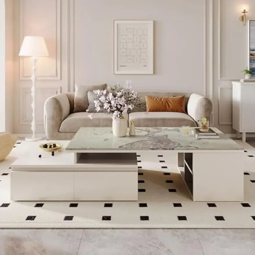 Extendable Tabletop Coffee Table with 4 Drawers & Storage Shelf, Modern from 51-Inch to 71-Inch Center Table for Living Room
