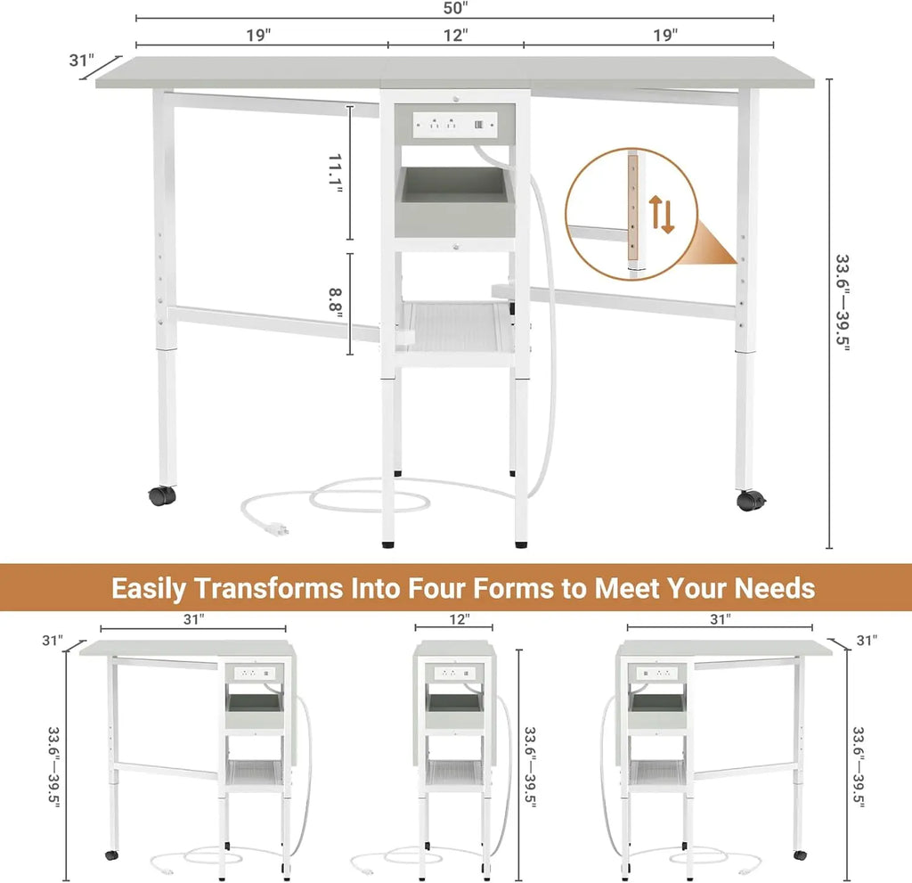 Sewing Cutting Table with Charging Station, Height Adjustable Craft Table with Storage, 50" Foldable Fabric Cutting Tables