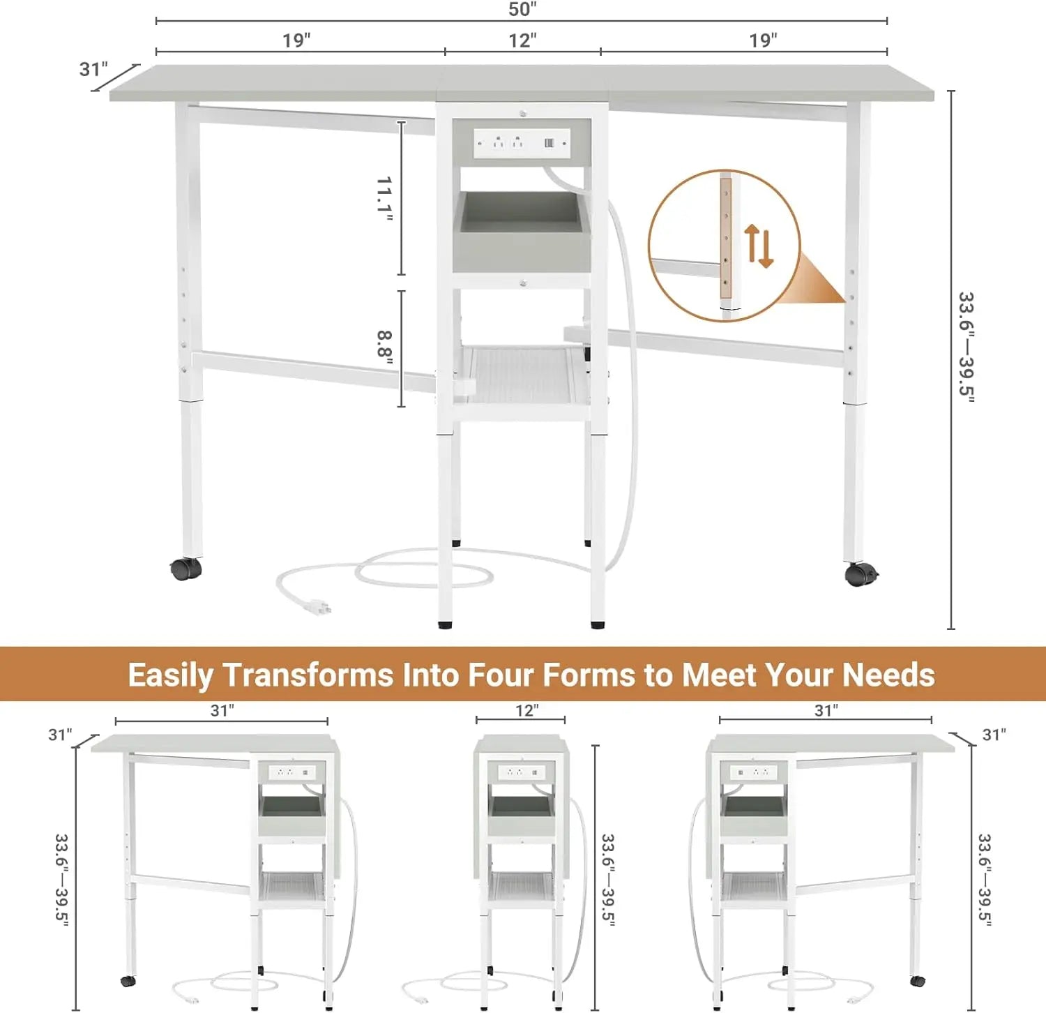 Sewing Cutting Table with Charging Station, Height Adjustable Craft Table with Storage, 50" Foldable Fabric Cutting Tables