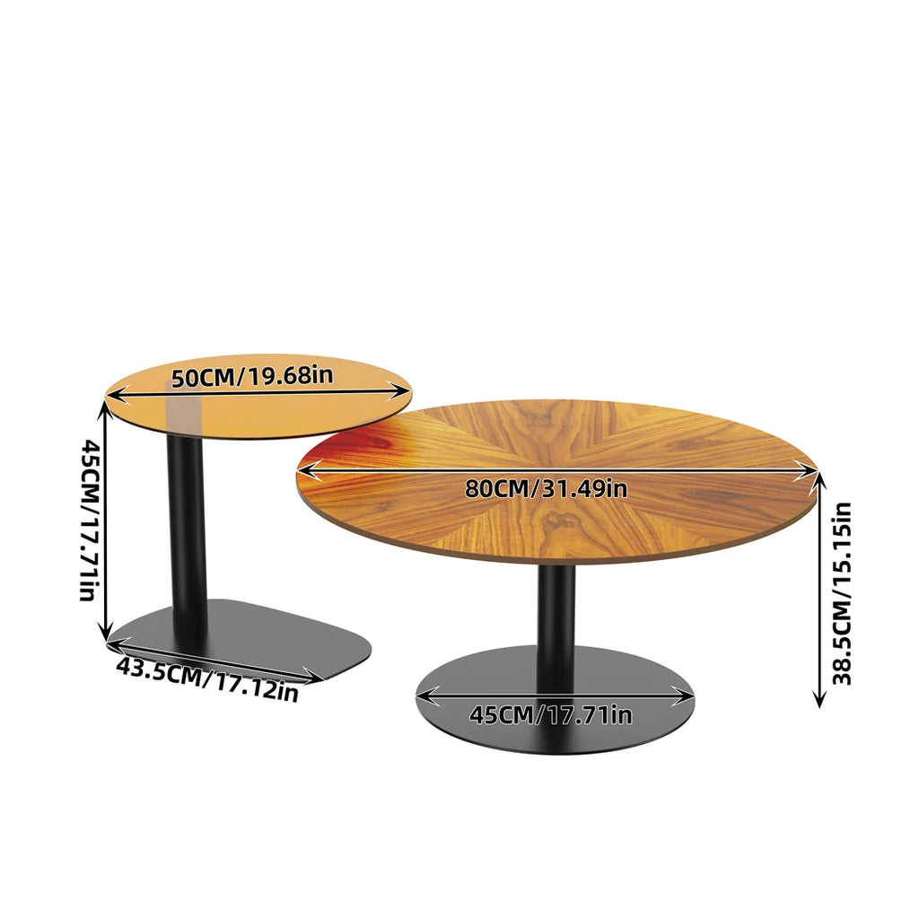 LUVODI Modern Round Marble Coffee Table Set of 2 Living Room Center Table Sofa Side Desk with Black Glass End Table w Metal Legs