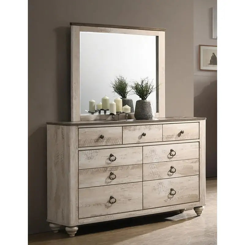 Contemporary White Wash Finish King Sleigh Bed Bedroom Set with Dresser, Mirror, 2 Nightstands, and Chest