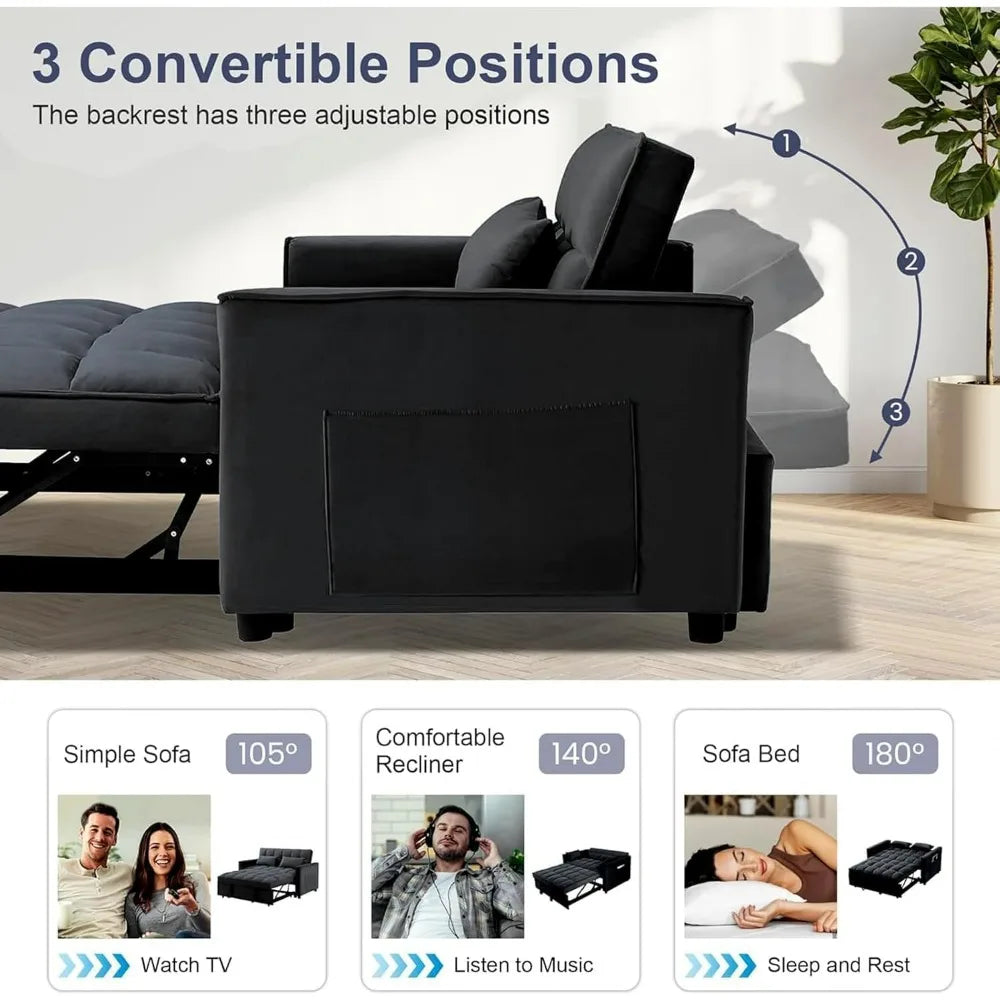 55.3 Inch 3-in-1 Velvet Futon Bed and Loveseat, Convertible Sleeper Sofa with Pillows and Pockets for Living Rooms and Apartment
