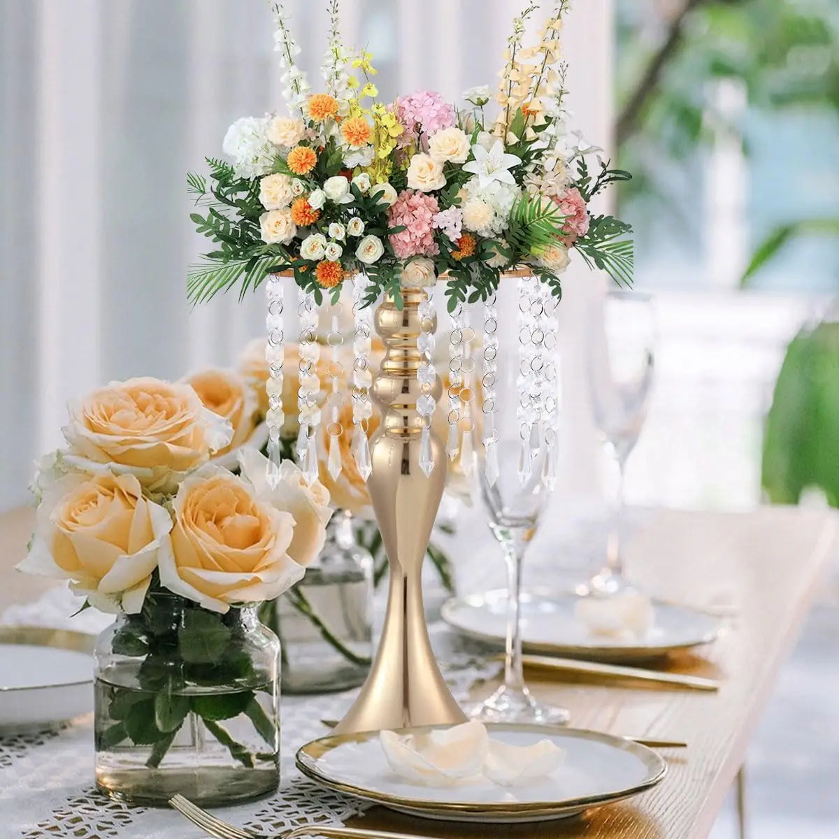 8 Pcs Gold Metal Flower Stands with Crystal Beads Wedding Centerpieces for Tables Party/ Centerpiece Vases /Celebration Home Decor