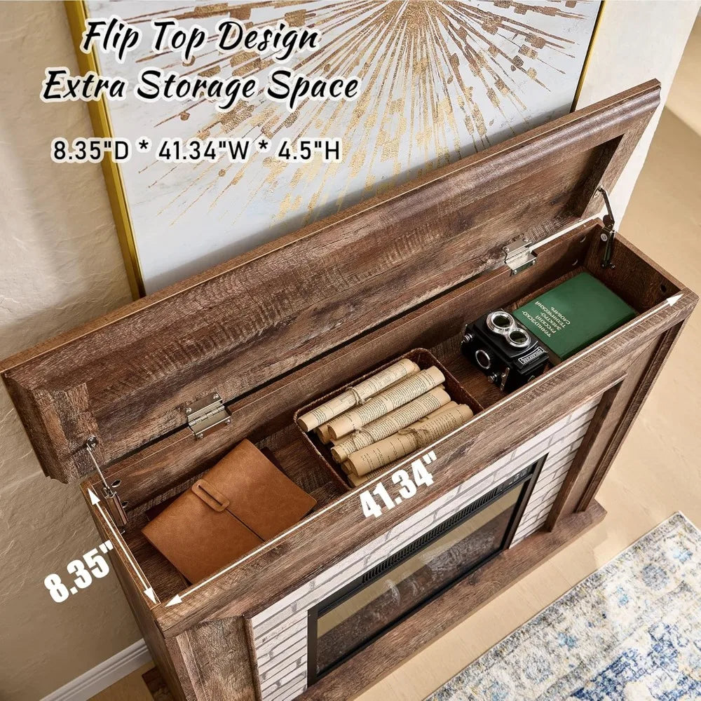 45" Flip Top Electric Fireplace with Mantel, Electric Fireplace Heater, TV Stand with Freestanding Electric Fireplaces, Remote Control