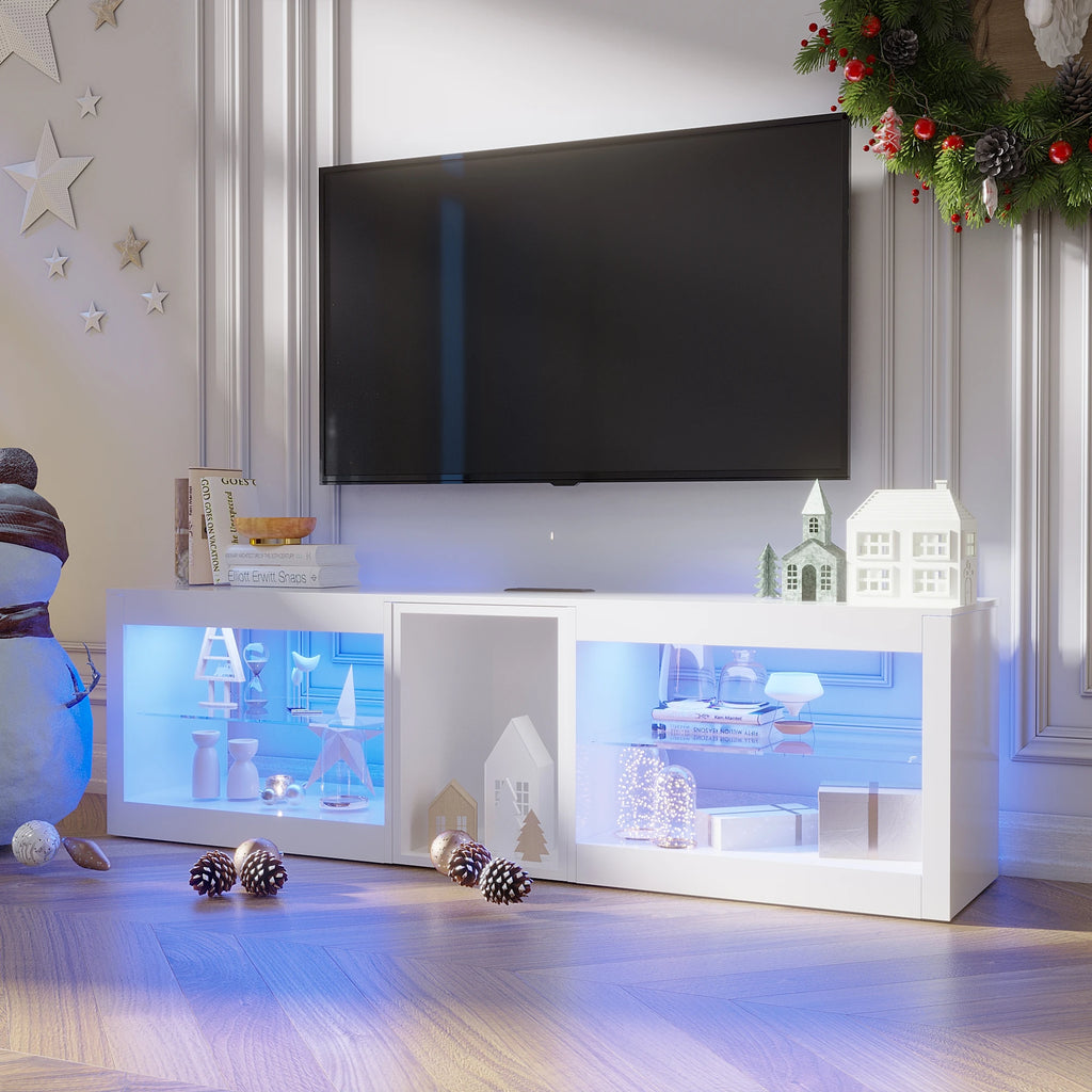 63" LED TV Stand for Televisions up to 70", TV Cabinet with Adjustable Glass Storage Shelves, Modern LED Entertainment Center