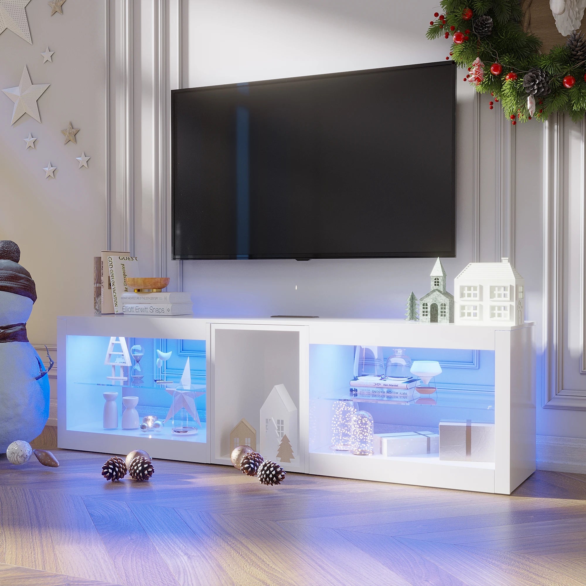 63" LED TV Stand for Televisions up to 70", TV Cabinet with Adjustable Glass Storage Shelves, Modern LED Entertainment Center