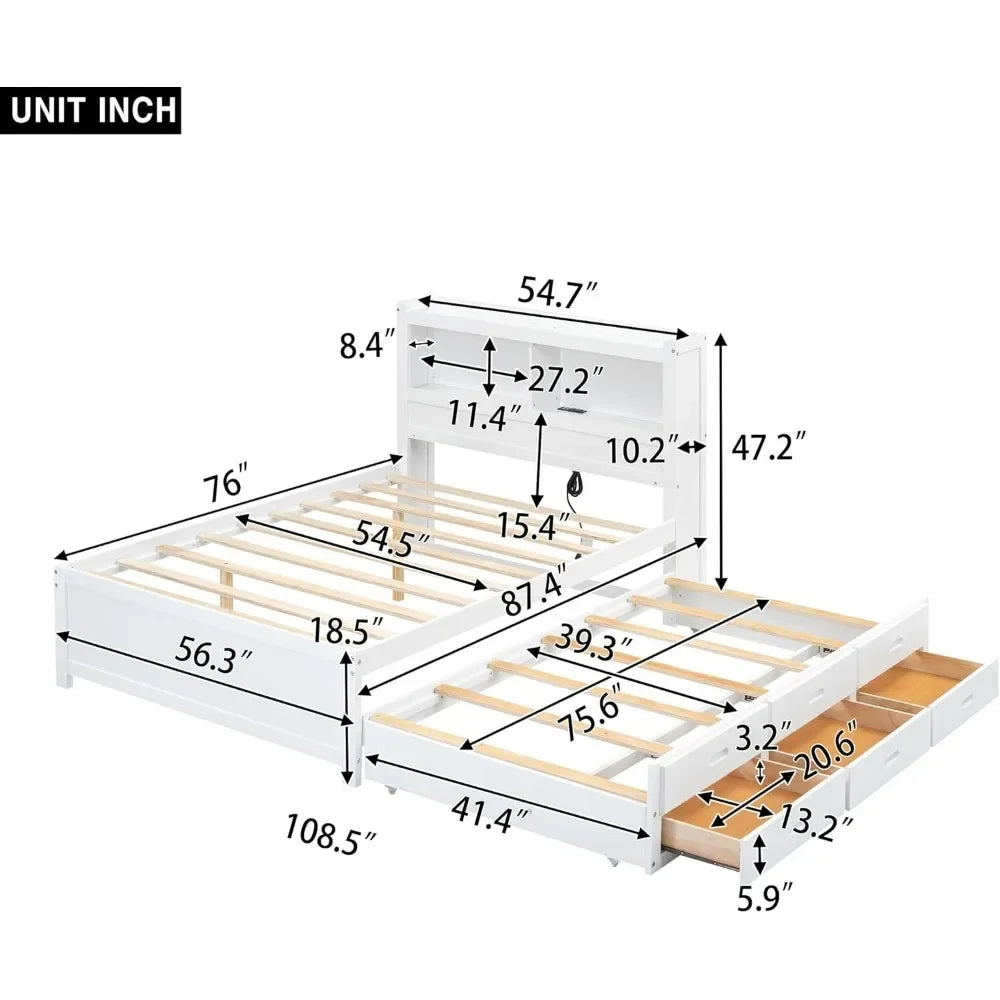 Full Size Platform Bed with Trundle, Drawers and Bookcase Headboard with USB Plugs