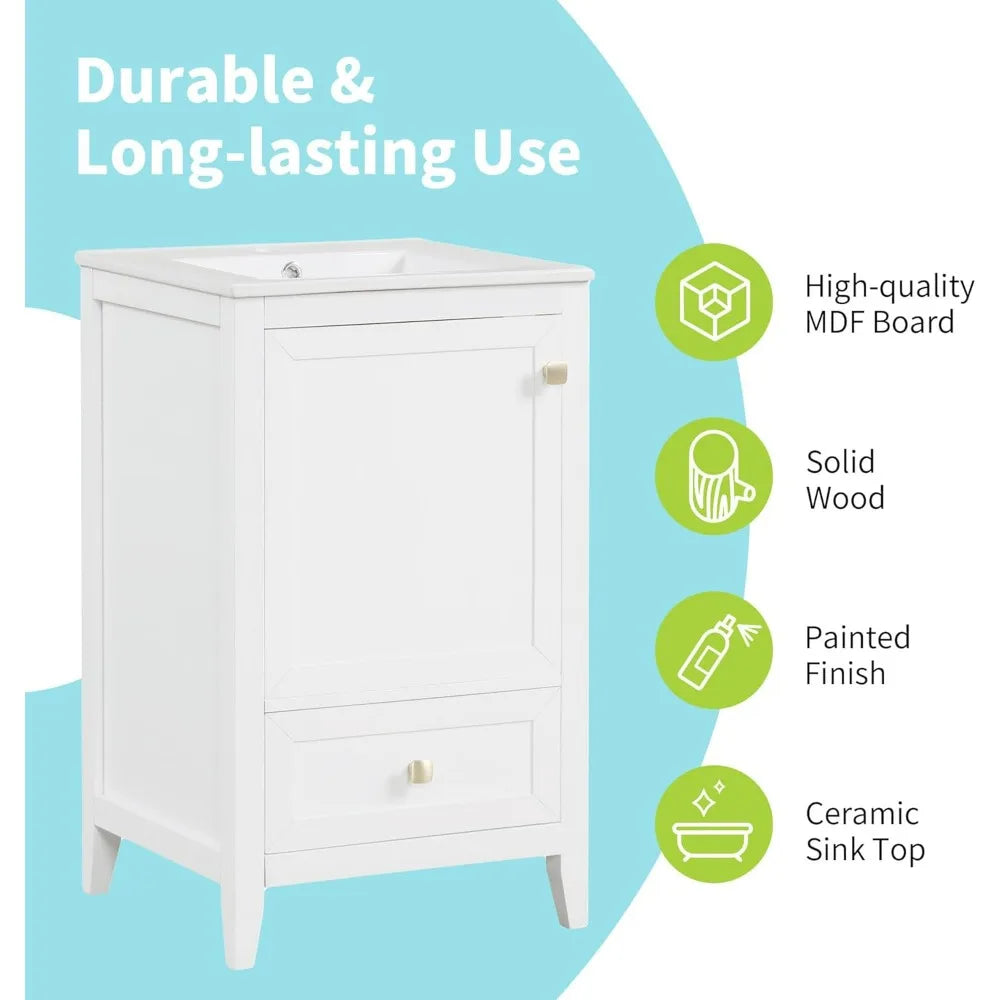20 Inch Solid Wood and MDF Bathroom Vanity Cabinet with Undermount Sink, Storage Shelf, Single Drawer, and Soft-Closing Door