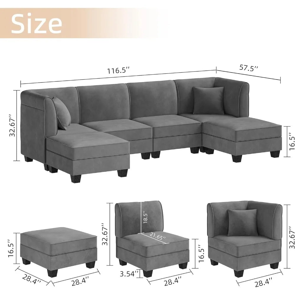 Large 6-Seat Velvet U-Shaped Sectional Sofa with Reversible Chaise, 116" for Living Room
