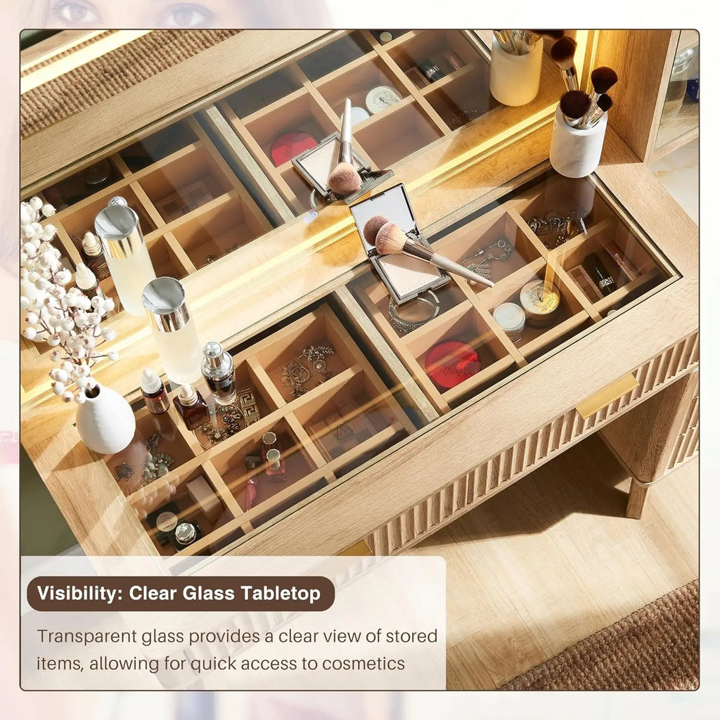 48" Fluted Makeup Vanity Desk with Large 36" Mirror and Lights, Modern Glass Top/ Big Vanity Table with 5 Drawers