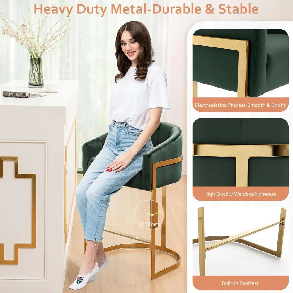 Counter Height Bar Stools Set of 2, Modern 27" H Barrel Counter Stools with Shell Back, Gold Velvet Bar Stools for Kitchen Island